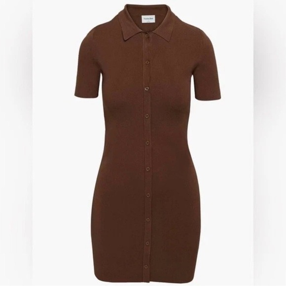 Sunday Best Aritzia | collared dress cognac brown stretch button front medium - Picture 10 of 10